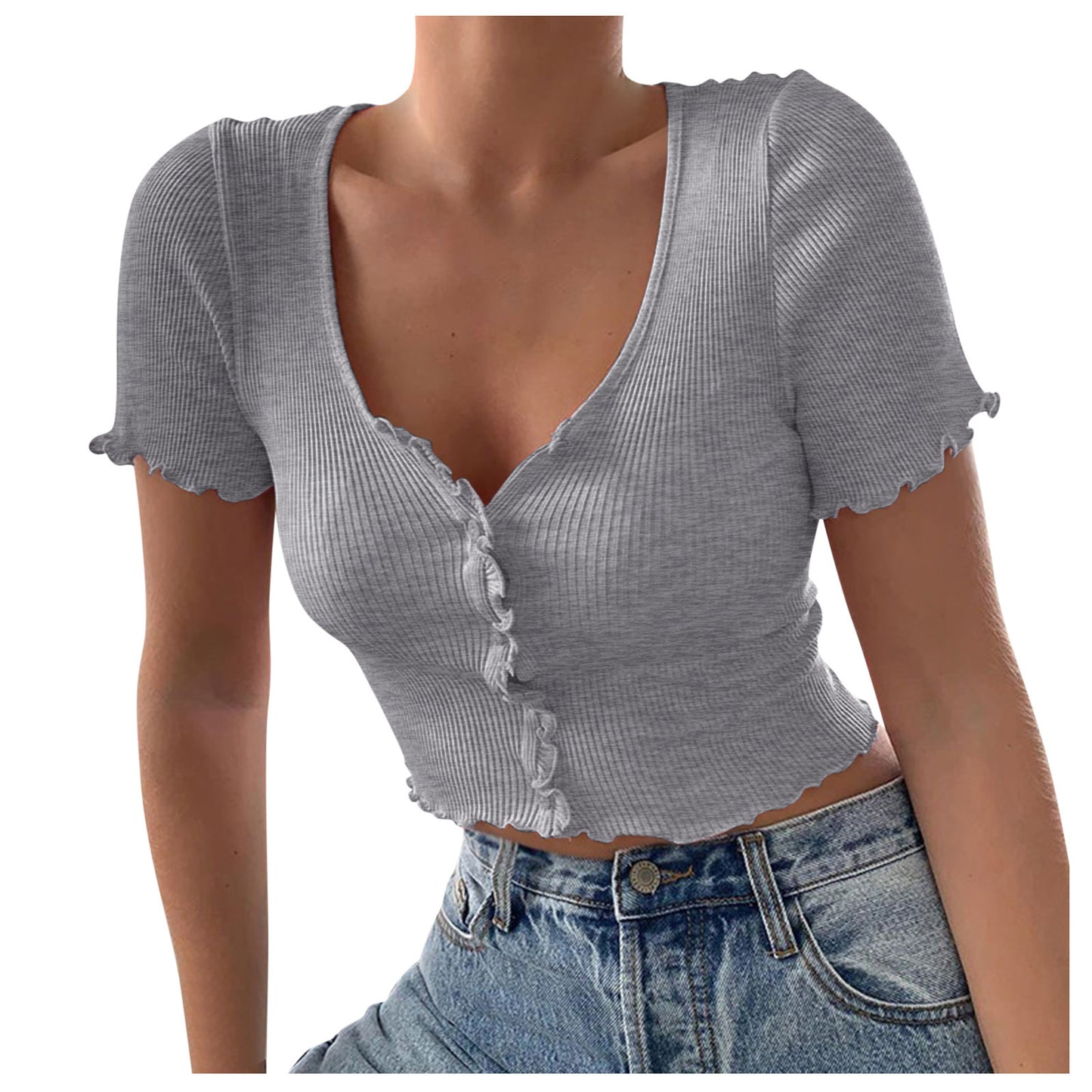Casual Button Crop Basic Top