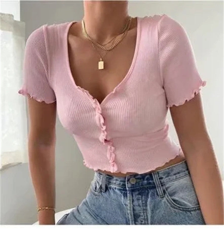 Casual Button Crop Basic Top