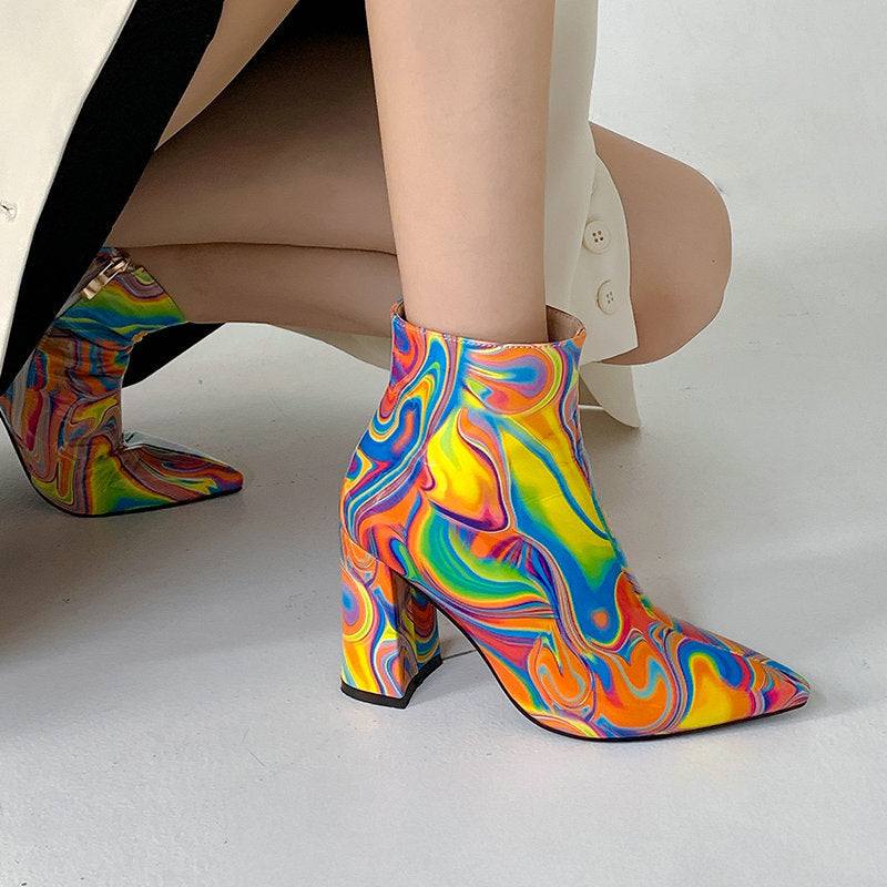 Groovy Psychedelic 70s Painted Patent Leather Pointed Thick High Heel Martin Boots