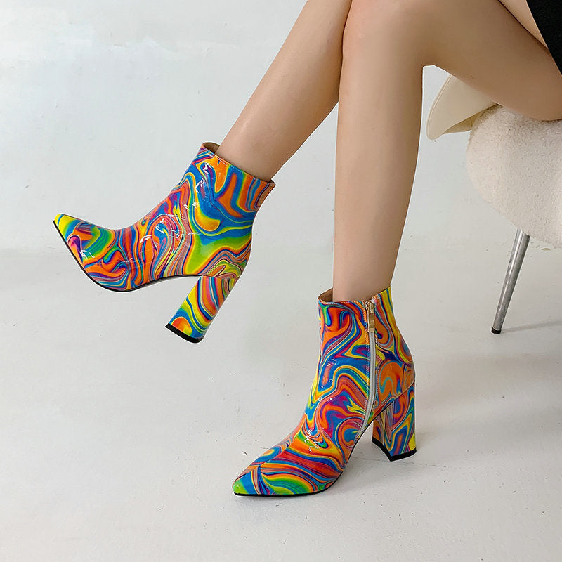 Groovy Psychedelic 70s Painted Patent Leather Pointed Thick High Heel Martin Boots