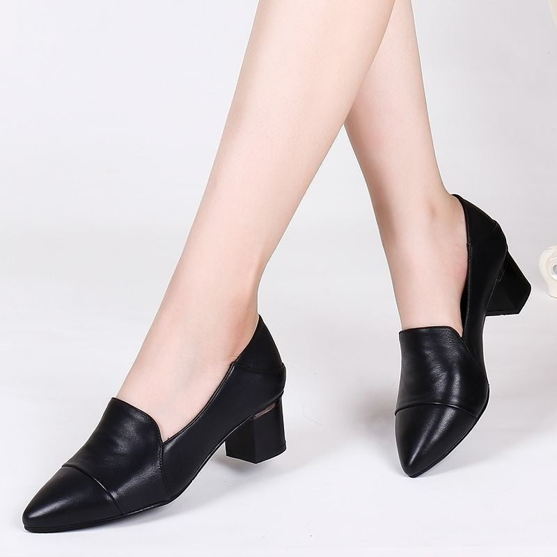 AuraCharm® Soft Leather Low-cut Soft Leather Pointed Toe Thick Heel Leather Shoes
