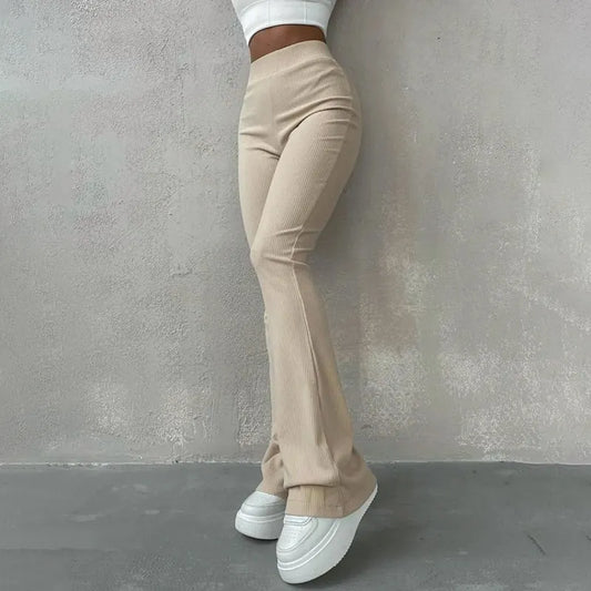 Pantalon uni taille haute enveloppant les hanches élastique décontracté quotidien polyvalent